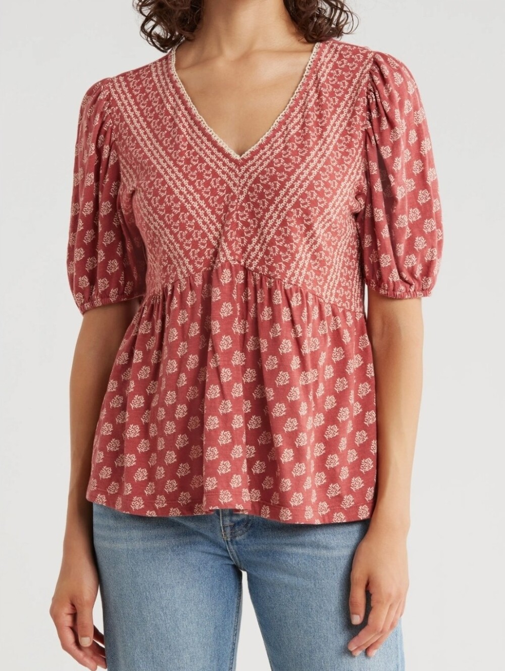 Lucky Brand Mixed Print Puff Sleeve Cotton Babydoll Top Size Small Red Floral
